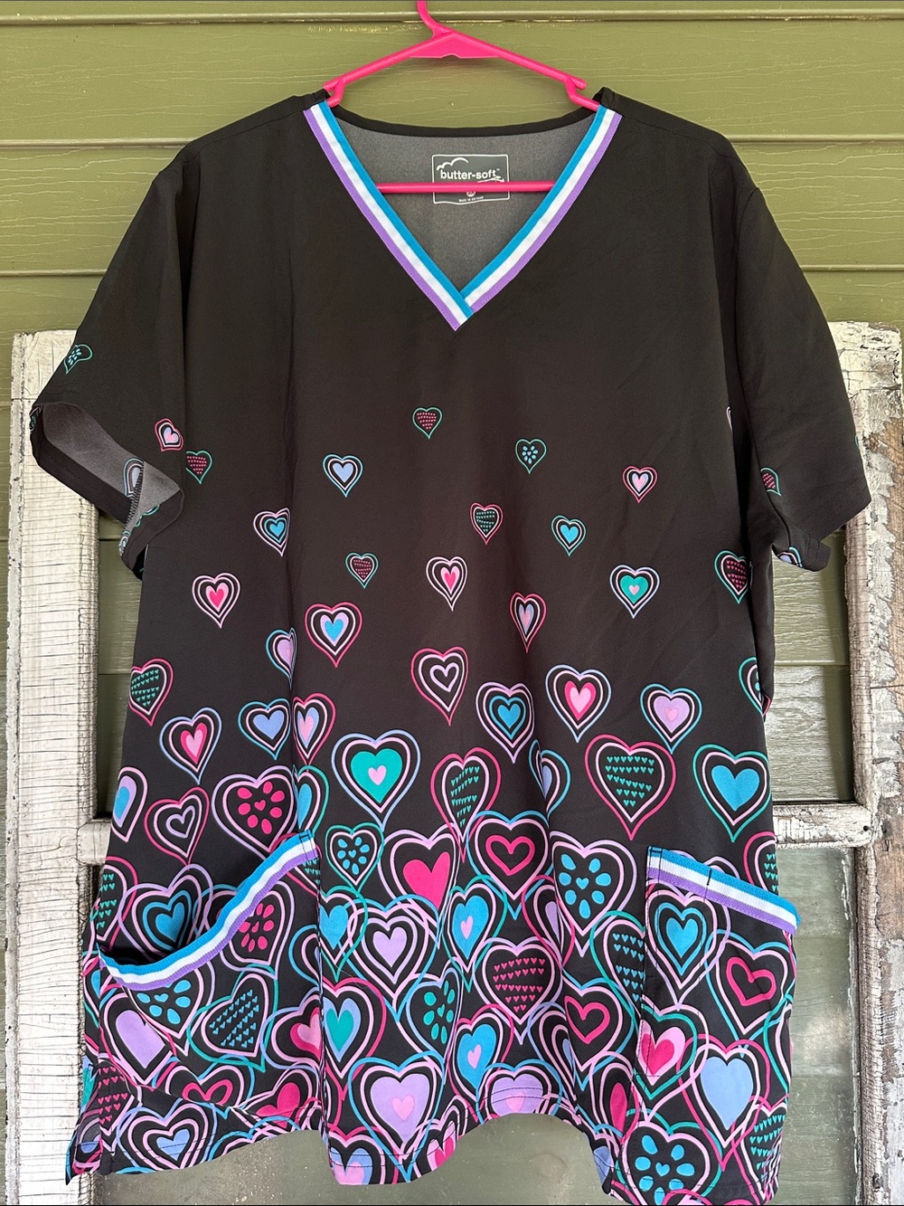 butter-soft Black Heart-Print Scrub Top with Pink & Teal Accents